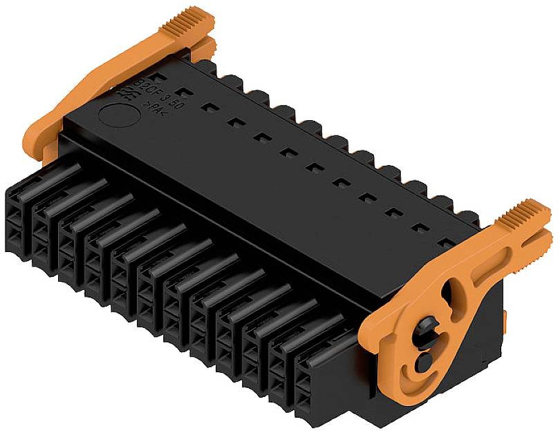 Ein schwarzer elektrischer Steckverbinder mit seitlichen orangefarbenen Hebeln zur Befestigung, geeignet für industrielle Anwendungen.