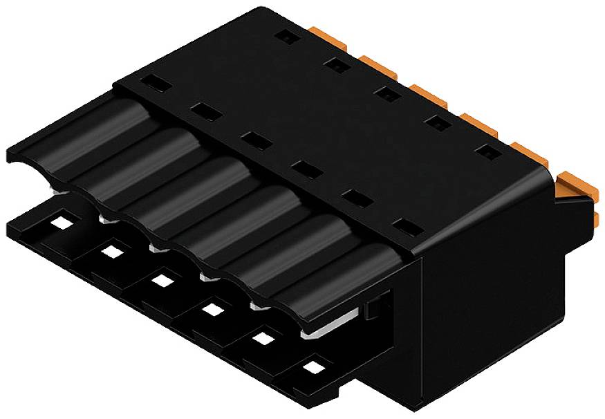 Ein schwarzer und orangefarbener elektrischer Stecker mit fünf Anschlüssen, geeignet für industrielle Anwendungen.