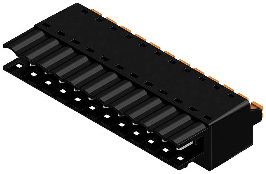 Ein schwarzes rechteckiges Kunststoffteil mit wellenartigen Strukturen und orangefarbenen Akzenten, vermutlich ein Maschinenteil.