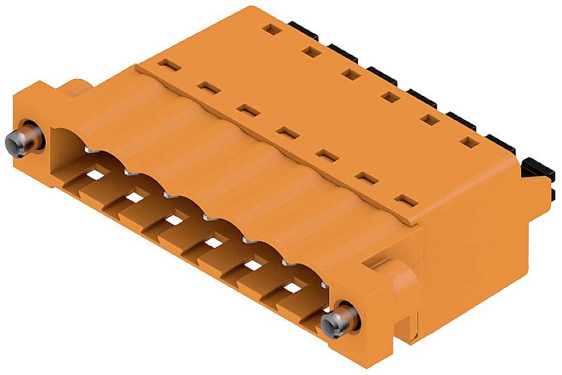 Ein orangefarbener elektrischer Steckverbinder mit mehreren Kontaktöffnungen und Befestigungselementen, geeignet für industrielle Anwendungen.