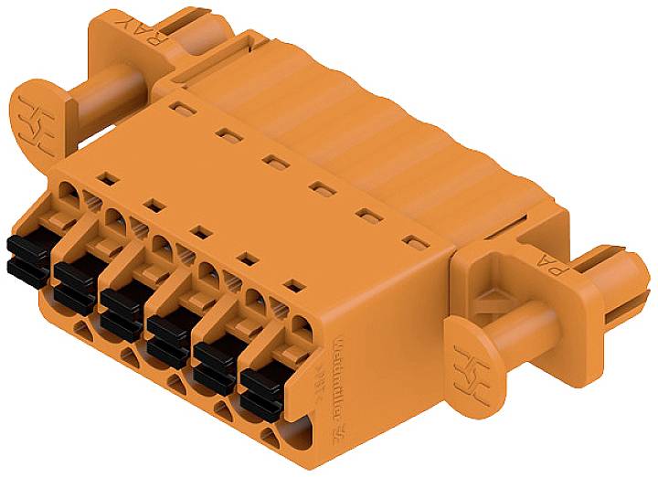 Ein orangefarbener elektrischer Steckverbinder mit mehreren schwarzen Kontakten. Geeignet für industrielle oder technische Anwendungen.