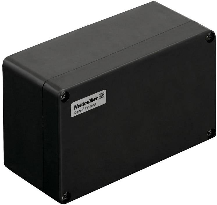 Ein rechteckiges, schwarzes Gehäuse mit einem kleinen Etikett der Marke 'Weidmüller Klippon Products' auf der Oberseite.