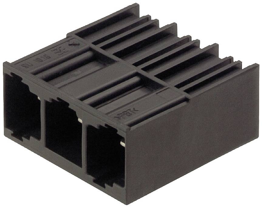 Drei-poliger schwarzer Kunststoff-Stecker mit rechteckiger Form und drei Steckbuchsen.