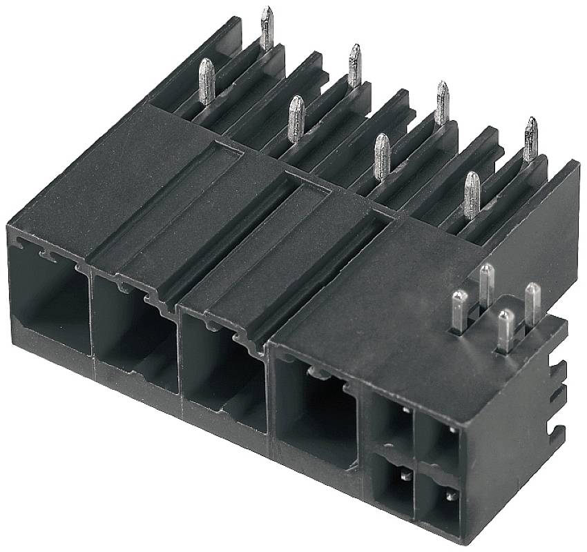 Schwarzer elektrischer Steckverbinder mit mehreren Metallkontakten in zwei Reihen, geeignet für elektronische Anwendungen und Baugruppen.