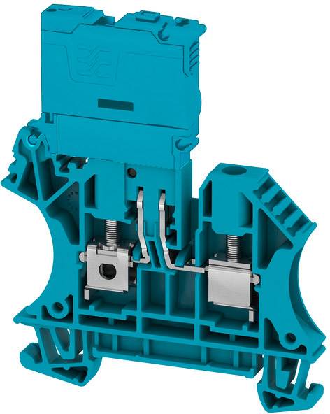 Braune Steckklemme in geöffneter Ansicht, zeigt interne Metallkomponenten und Verdrahtungsführung für elektrische Verbindungen.