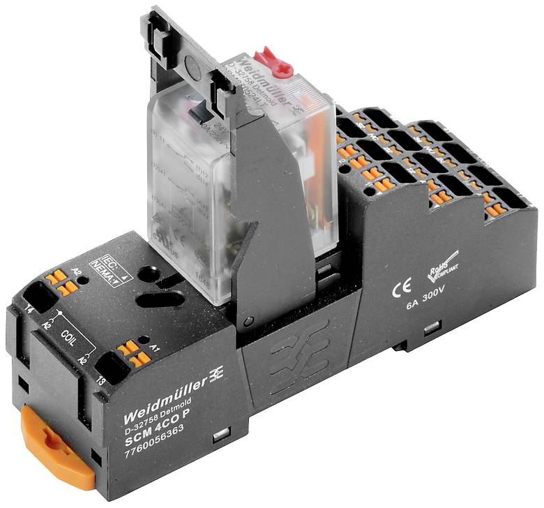 Ein Weidmüller-Relaismodul für industrielle Anwendungen, schwarz-orange, mit Steckplätzen und etlichen elektrischen Anschlüssen.