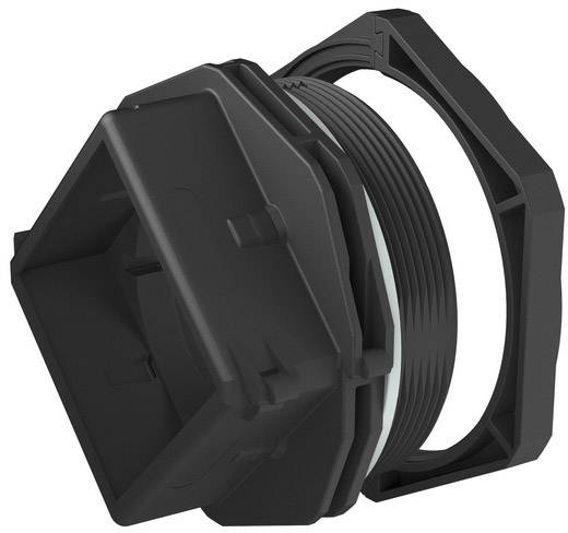 Ein schwarzer Plastikstecker mit sechseckigem Gehäuse und Gewinde, häufig in elektrischen Anwendungen verwendet.