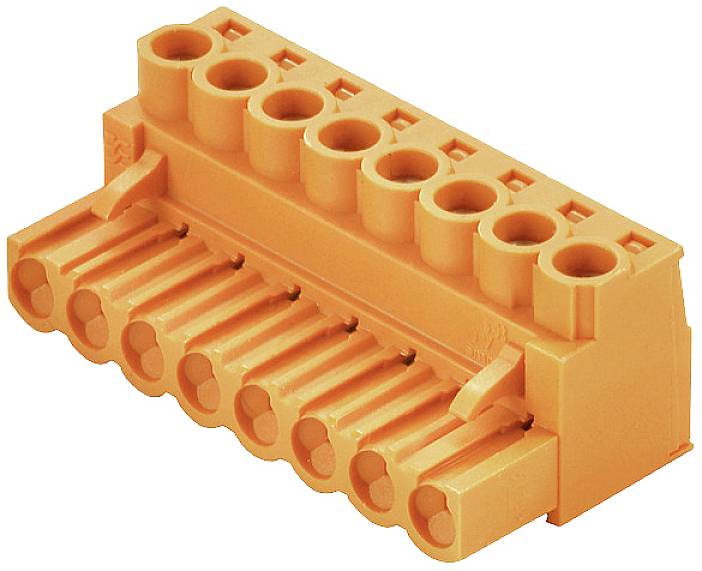Oranger, 8-poliger Reihenklemmen-Sockel, für die Montage und Verkabelung in elektrischen Schaltanlagen verwendet.