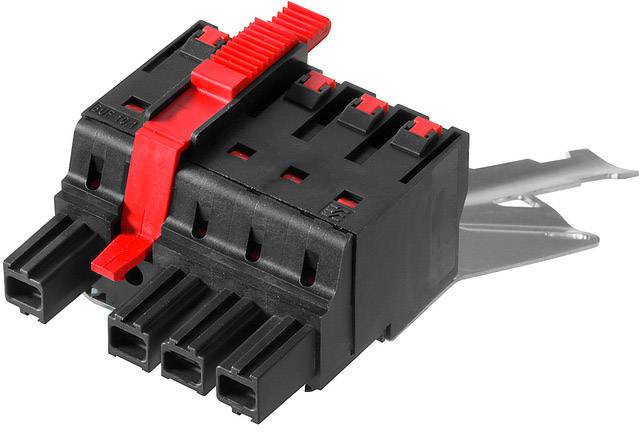 Schwarzer Steckverbinder mit rotem Hebel, passend für vier Pins, auf weißem Hintergrund.