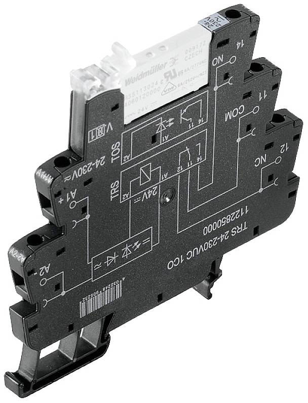 Ein schwarzes, elektrisches Relaismodul von Weidmüller mit weißen Schaltplänen und Beschriftungen für industrielle Anwendungen.