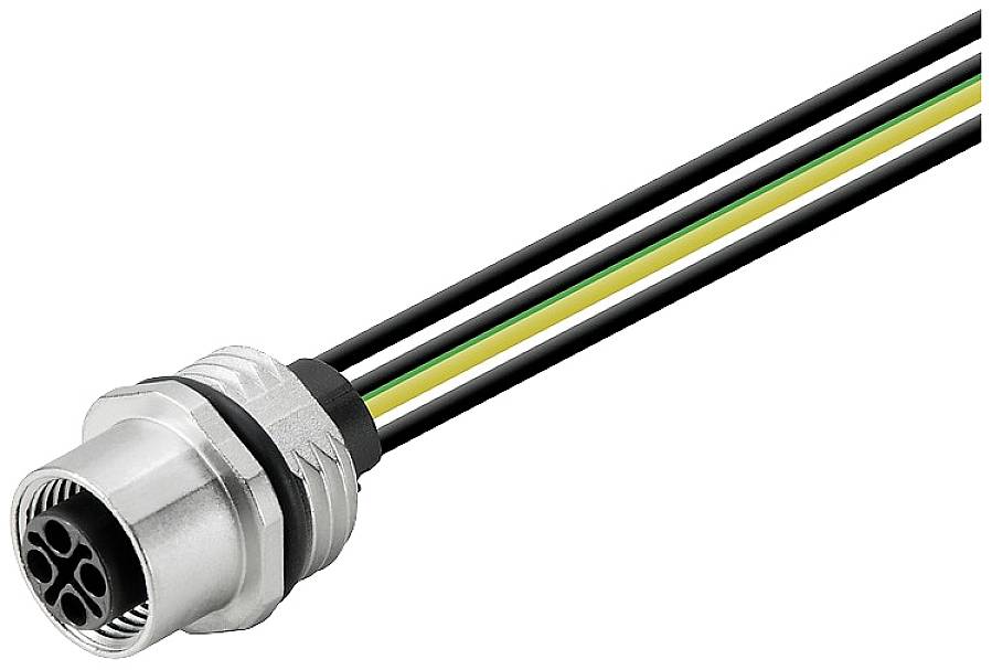 Ein rundes Metallsteckverbindungsstück mit fünf Steckplätzen, angeschlossen an vier farbige Kabel: schwarz, grün, gelb und weiß.