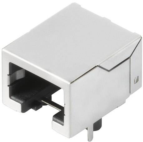 Ein silberner RJ45-Stecker zur Netzwerkverbindung, mit rechteckiger Form und offenem Port auf der Vorderseite.
