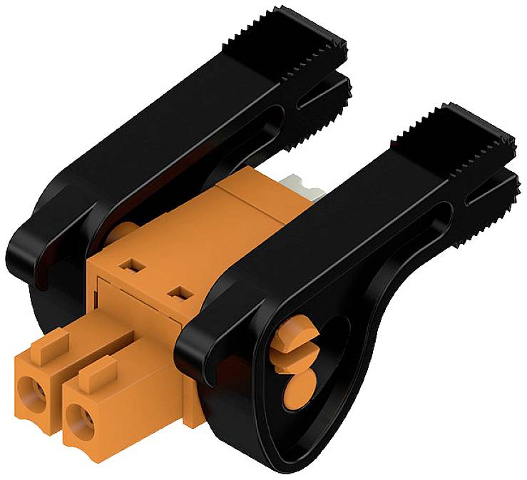 Elektrischer Steckverbinder mit orangefarbenem Gehäuse und zwei schwarzen Klemmen. Geeignet für sichere Kabelverbindungen.