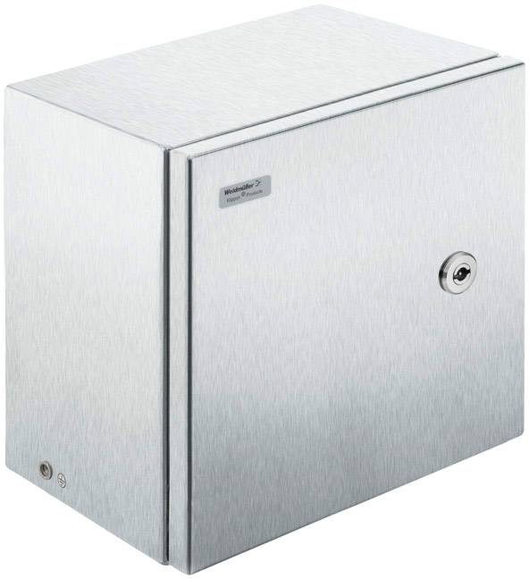 Silberner, metallener Wandschrank mit Schlüsselloch und kleiner Plakette.