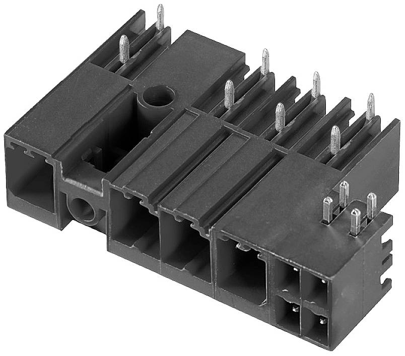Schwarzer Kunststoffstecker mit mehreren Metallstiften zur elektrischen Verbindung, geeignet für industrielle Anwendungen.