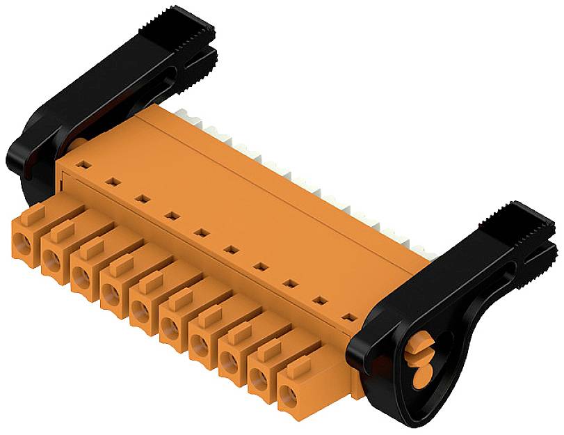 Oranger Steckverbinder mit schwarzer Halterung. Er besitzt mehrere Pins und wird für elektrische Verbindungen verwendet.