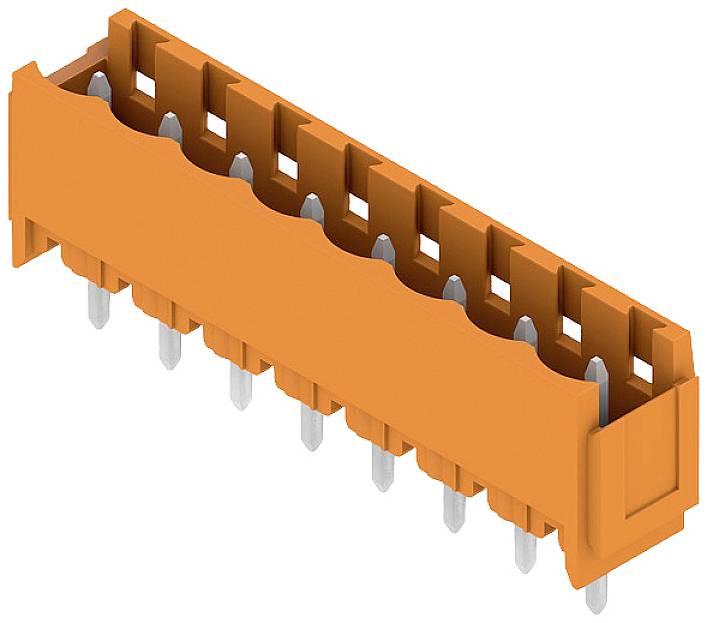Orangefarbener elektrischer Steckverbinder mit mehreren Metallstiften, die auf einer Kunststoffbasis montiert sind.