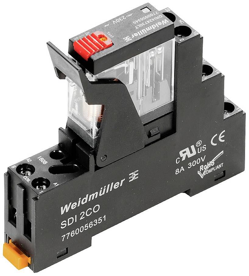 Ein schwarzes Weidmüller-Relais SDI 2CO mit Schalter oben, gekennzeichnet mit technischen Spezifikationen: 8A, 300V, RoHS-konform.