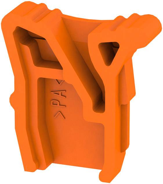 Orangefarbener 3D-gedruckter Kunststoffclip mit geometrischem Design und dem Text 'PAX' auf der Oberfläche.