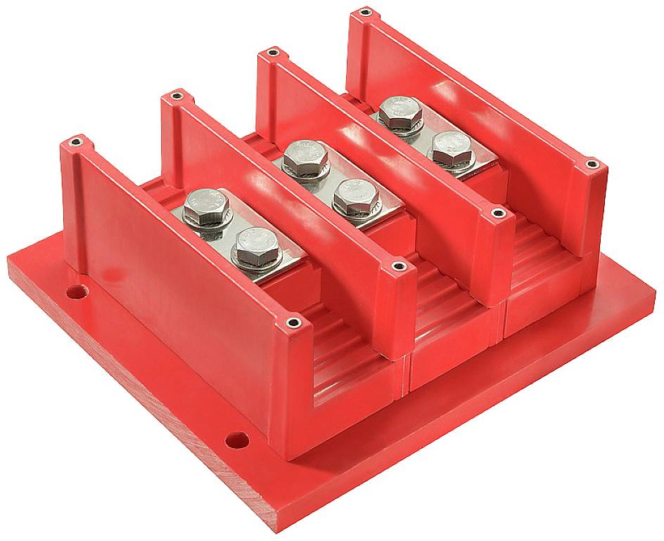 Ein rotes, elektrisches Isolierstück mit drei Befestigungsschrauben, das für sichere elektrische Verbindungen verwendet wird.
