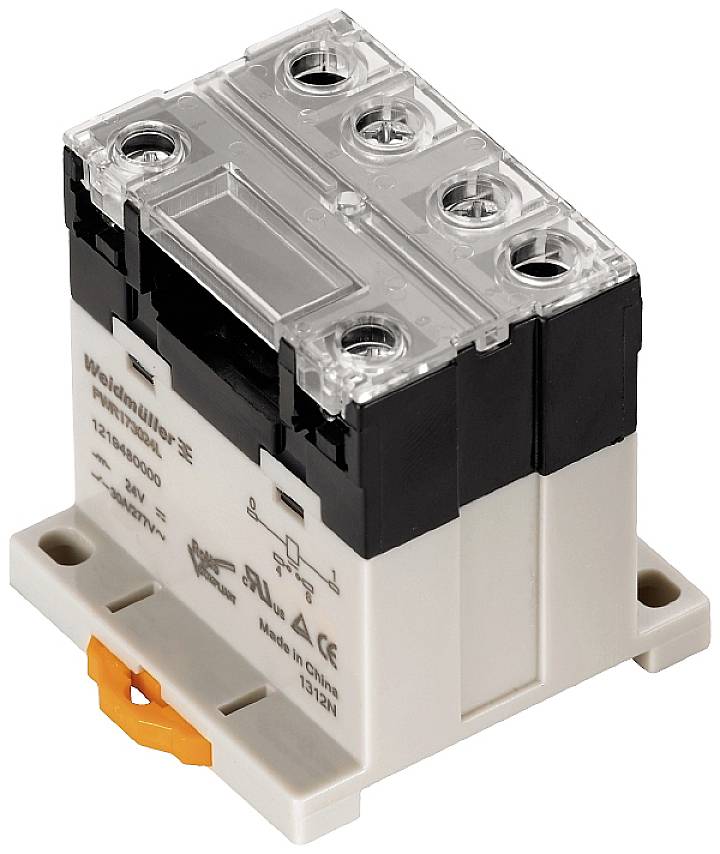 Ein vierpoliger elektrischer Schütz, Modell 'Wöhner 12124000'. Geeignet für 20A, 24V AC/DC. Gehäuse aus Kunststoff, Montage auf DIN-Schiene.