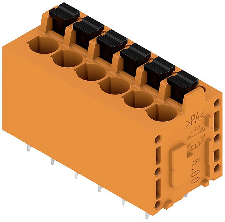Oranger Steckverbinder mit sechs Anschlussbereichen und Schraubvorrichtungen; für Leiterplatten geeignet.