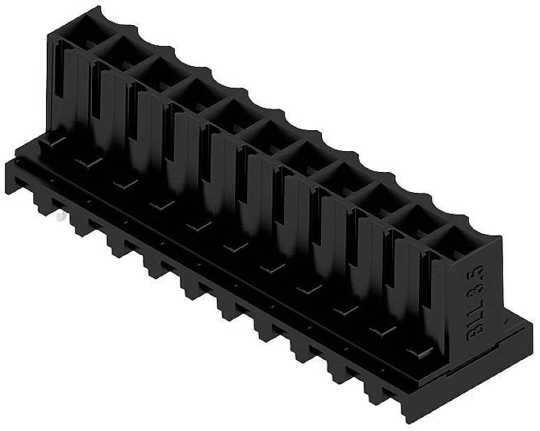 Schwarzes, rechteckiges Kunststoffsteckverbinderelement mit mehreren Steckplätzen, zur elektrischen Verbindung von Komponenten.