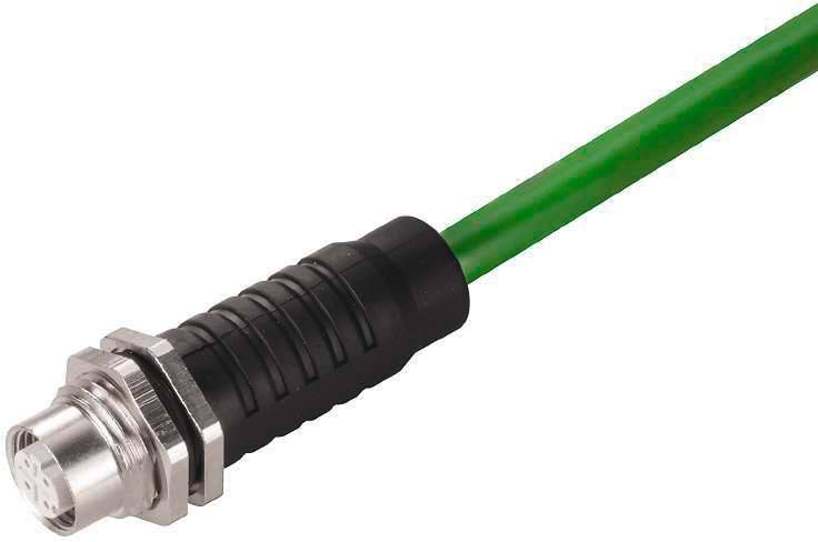 Ein grünes, rundes Kabel mit schwarzer, geriffelter Kunststoffummantelung und Metallstecker, geeignet für industrielle Anwendungen.