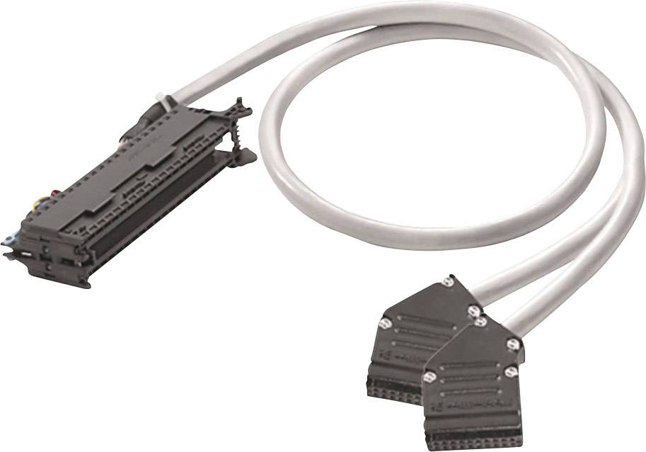 Ein graues Datenkabel mit zwei breiten Steckern auf einer Seite und einem großen, blockartigen Stecker auf der anderen Seite.