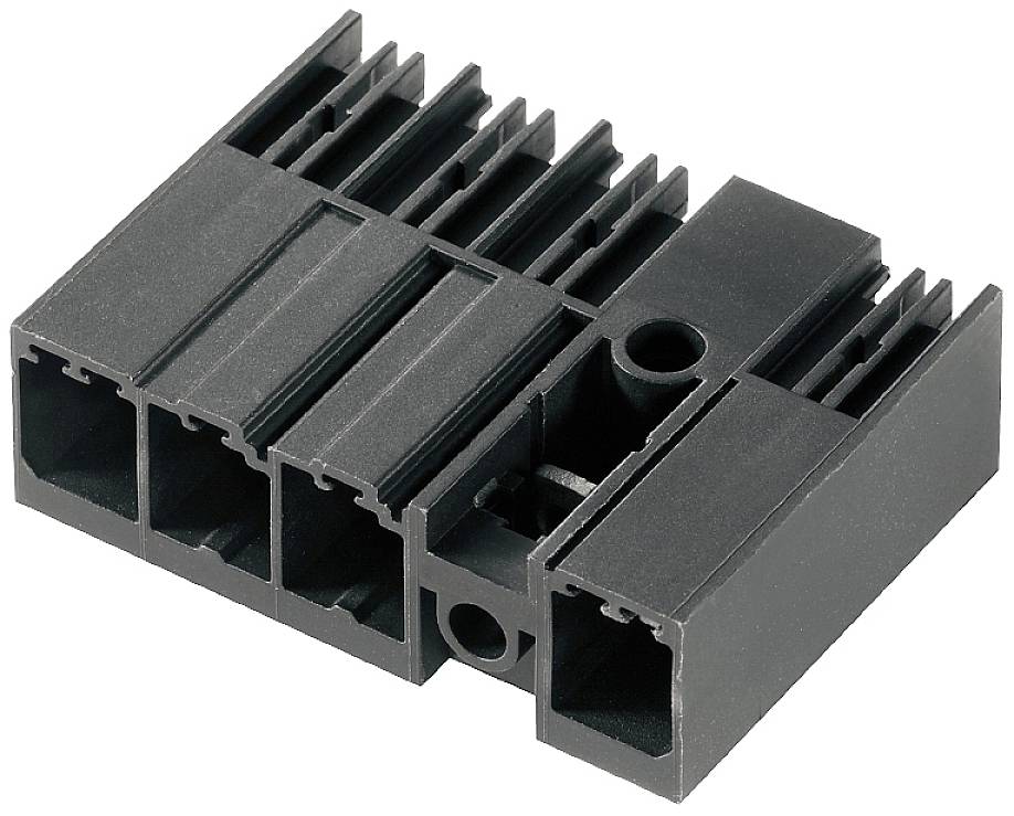 Schwarzes Kunststoffsteckverbindergehäuse mit mehreren rechteckigen Öffnungen, geeignet zur Aufnahme von elektrischen Kontakten.