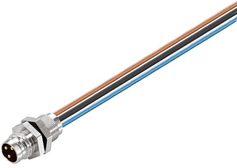 Ein mehrpoliger Stecker mit farbcodierten Kabeln: blau, braun, schwarz und weiß. Der Stecker hat ein metallisches Gewinde.