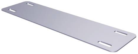 Ein rechteckiges Metallblech mit vier abgerundeten Ecken und vier länglichen Schlitzen in jedem Eckbereich, auf weißem Hintergrund.