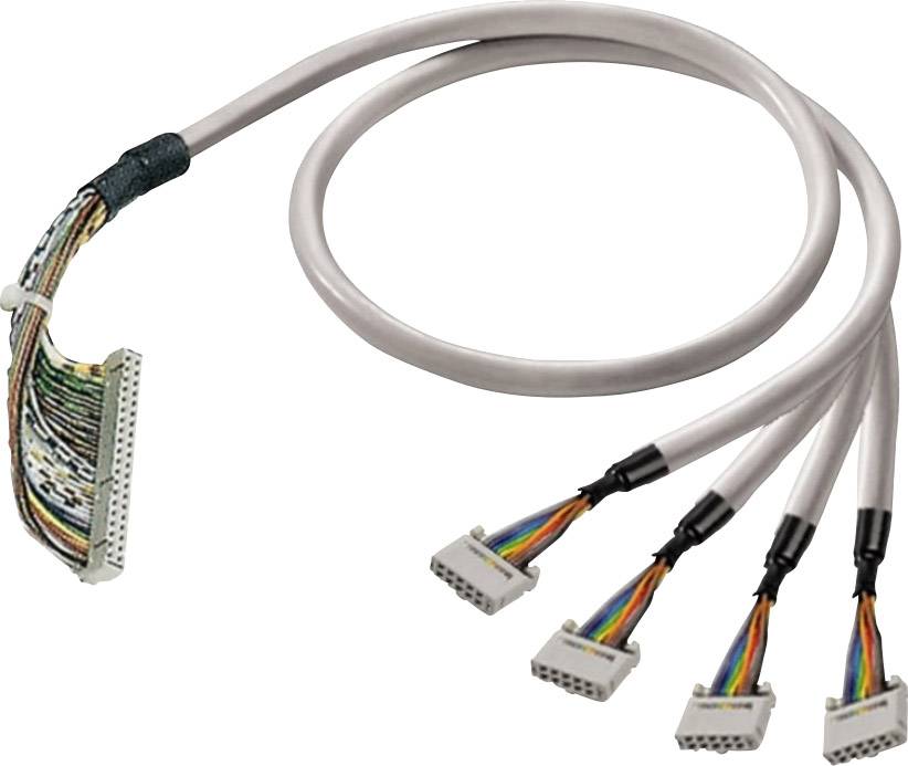 Ein Kabel teilt sich in fünf kleinere Kabel mit mehrfarbigen Drähten und Steckverbindern. Es dient zur Verbindung elektronischer Geräte.