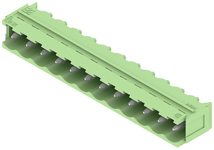 Grüner elektronischer Steckverbinder mit mehreren Pins, seitlich liegend. Dient dem Verbinden von Schaltungselementen auf Platinen.