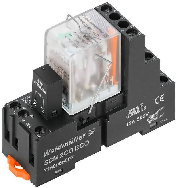 Ein elektrisches Relais von Weidmüller mit der Aufschrift '12A 300V'. Es ist für industrielle Anwendungen konzipiert.