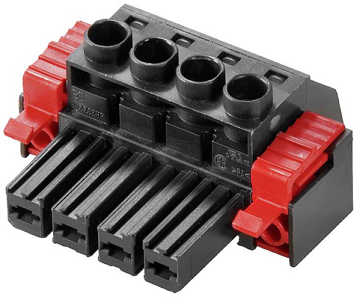Eine schwarze und rote elektrische Steckverbindung mit mehreren Anschlusspunkten, genutzt zur Verbindung von Kabeln in elektronischen Geräten.