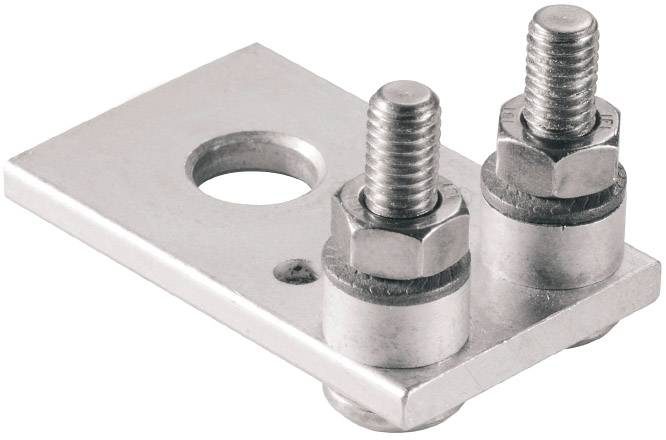 Metallische Halterung mit zwei Schrauben und einem großen Loch, geeignet für Befestigungszwecke.