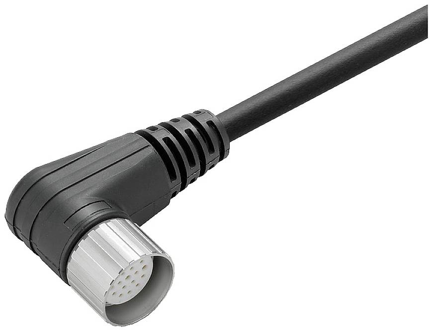Schwarzes, gewinkeltes Kabel mit mehrpoligem silbernem Stecker an einem Ende, für elektrotechnische Anschlüsse geeignet.
