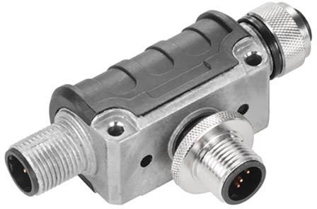 Ein Metallstecker mit Isolierung, geeignet für industrielle Anwendungen, zeigt verschiedene Anschlussmöglichkeiten für Kabelverbindungen.