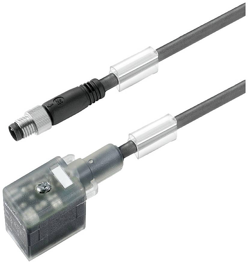 Zwei elektrische Steckverbinder und Kabel in Schwarz und Grau; oberer mit rundem Stecker, unterer mit rechteckigem Stecker.