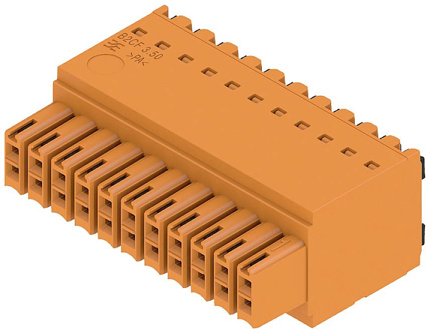 Oranger Elektrostecker mit mehreren Anschlusspunkten, vermutlich für Kabelverbindungen in elektrischen Schaltungen verwendet.