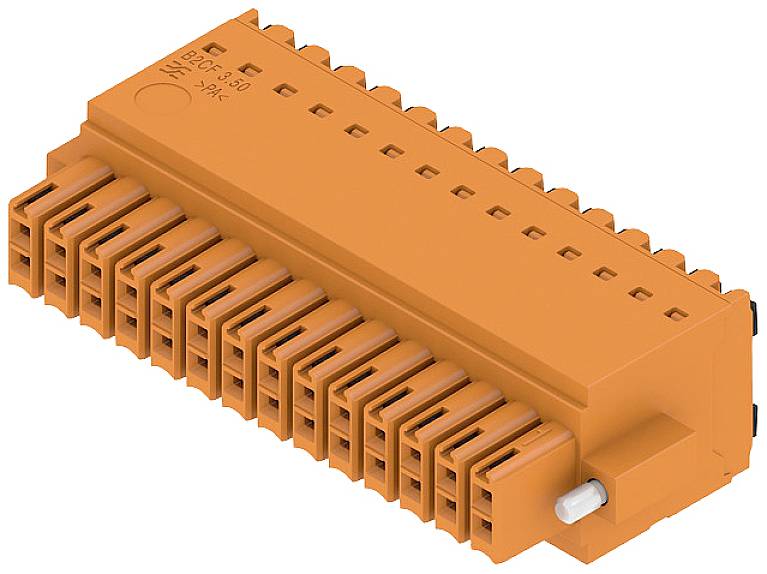 Ein orangefarbener Steckverbinder mit mehreren Anschlussklemmen, geeignet für elektrische Installationen, Seitenansicht von oben.