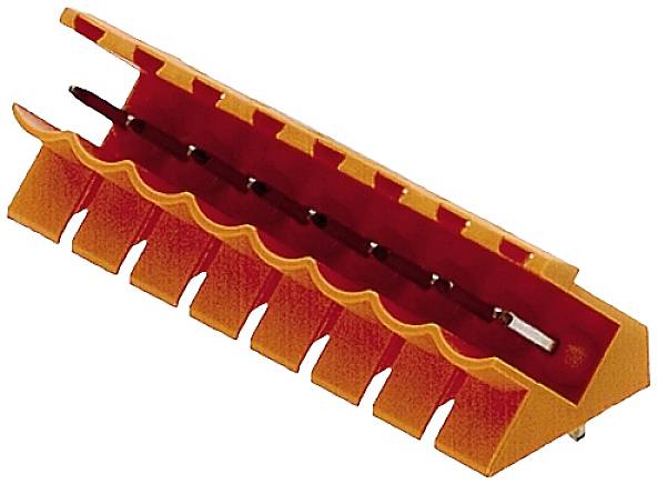 Ein orangefarbener Kabelabstreifer mit mehreren Kerben und einem Schneidwerkzeug, zum Entfernen der Isolierung von elektrischen Kabeln.