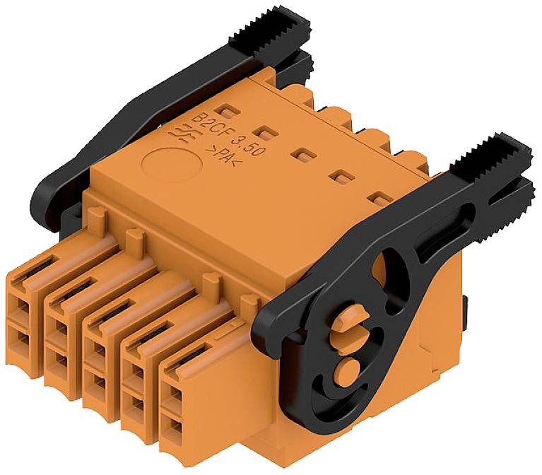 Orange-grauer Steckverbinder mit mehreren Anschlussklemmen, geeignet für elektrische Anwendungen, gegenwärtig unbenutzt.