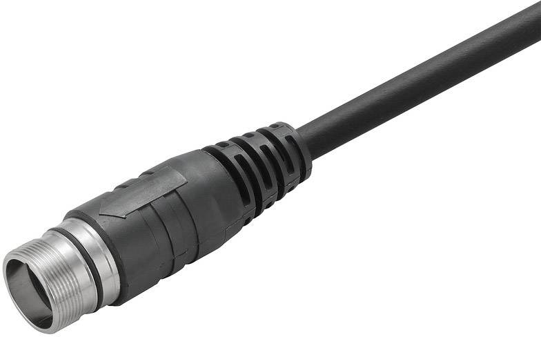 Ein schwarzes Kabel endet in einem silber-schwarzen, zylindrischen Stecker. Der Stecker hat metallische Rillen und Kunststoffummantelung.