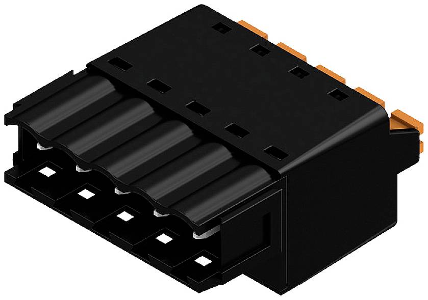 Schwarzer, rechteckiger elektrischer Steckverbinder mit fünf runden Pins und orangefarbenen Elementen. Ansicht von oben.