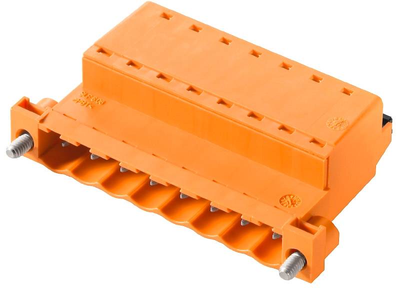 Ein orangefarbenes elektrisches Anschlussklemmengehäuse, horizontal ausgerichtet, mit mehreren Anschlusspunkten und zwei sichtbaren Schrauben.