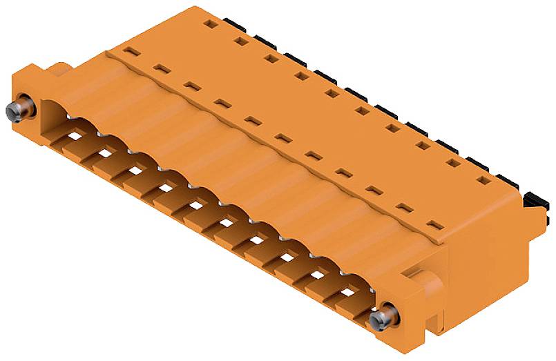 Oranger elektrischer Steckverbinder, Querschnittsansicht. Wellenförmige Oberfläche zur Kabelbefestigung. Verwendet in elektronischen Geräten.