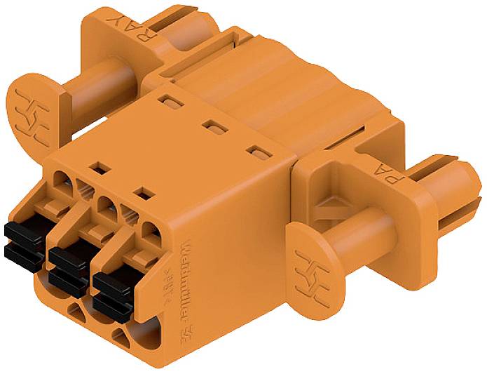 Ein orangefarbener elektrischer Steckverbinder mit mehreren Anschlüssen, der für industrielle Anwendungen genutzt wird.