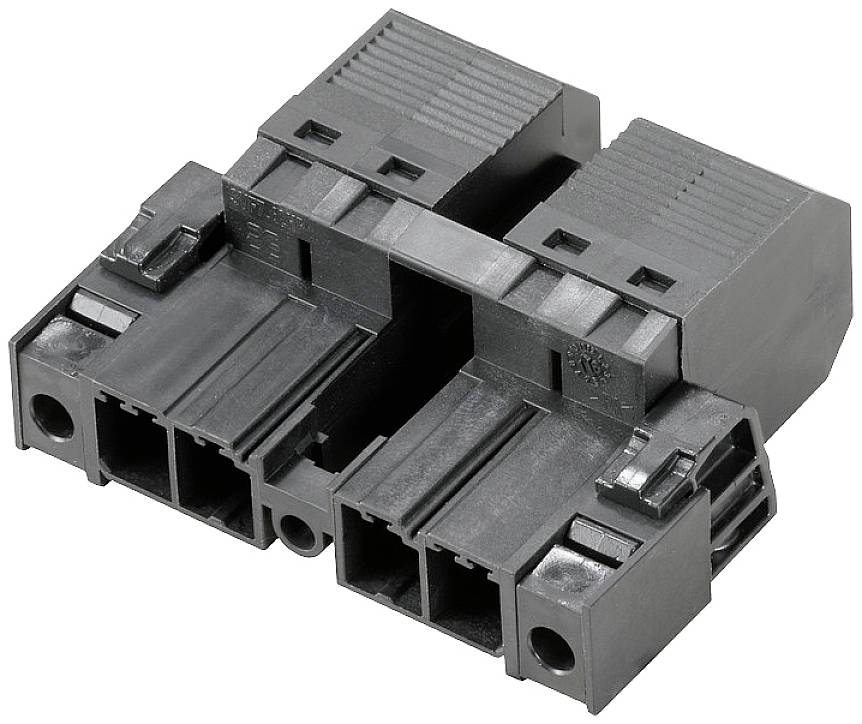 Schwarze Kunststoffsteckerbuchse mit zwei parallelen Steckplätzen, geeignet für elektrische Verbindungen in elektronischen Geräten.